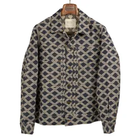 Marvin type two jacket in denim blue and ecru diamond jacquard