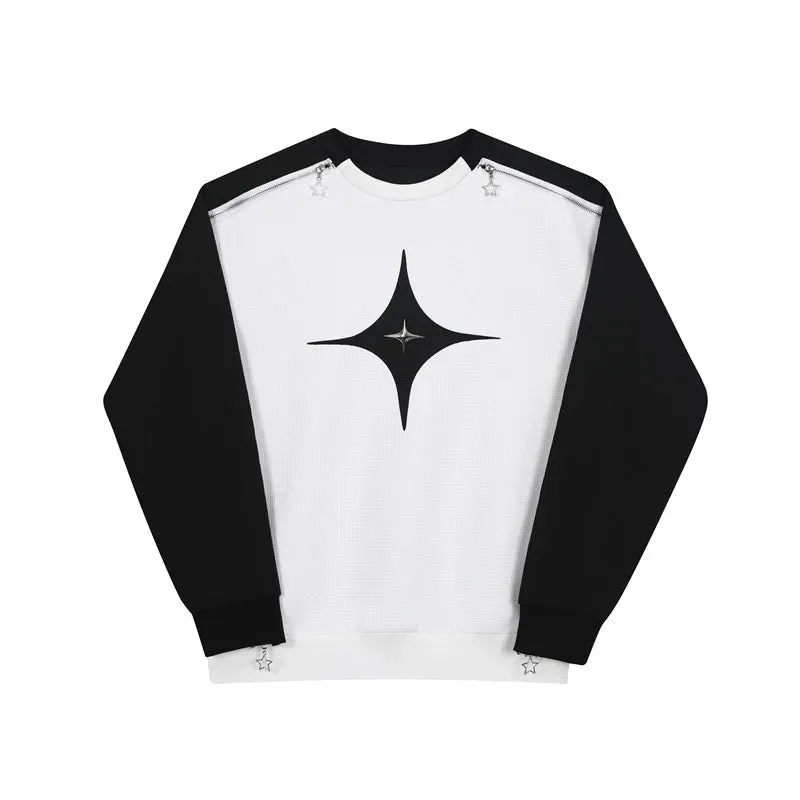 Men Hollow Out T-shirts New Trendy Contrast Color Zipper Niche Design Loose Casual Male Korean Fashion Top Patchwork 9A7261