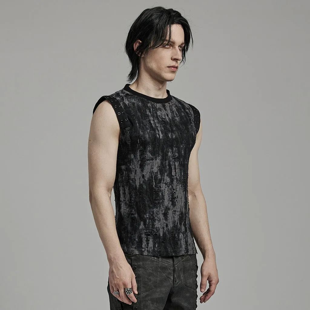Men's Gothic Punk Ripped Eyelet Black Grey Tank Top