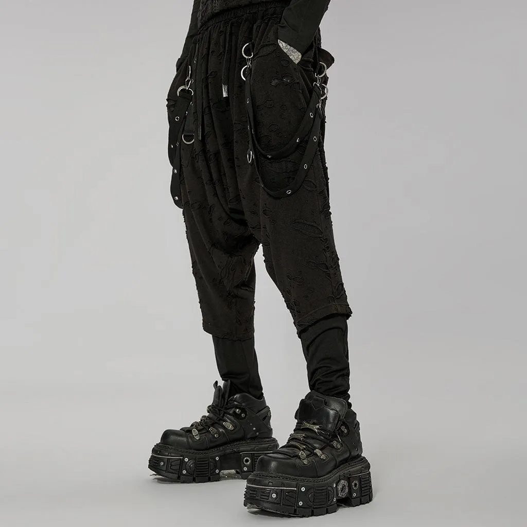 Men's Gothic Ripped Sagging Pants with Straps