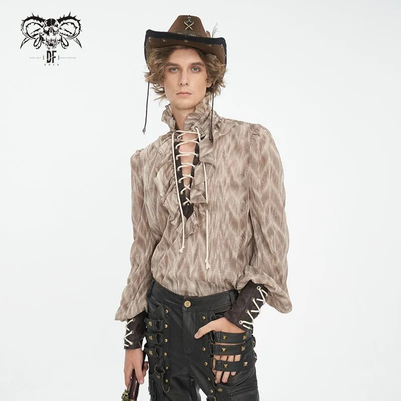 Men's Gothic Ruffled Stand Collar Lace-up Coffee Shirt