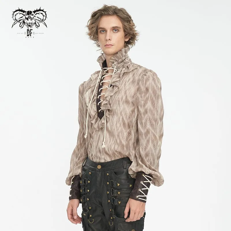 Men's Gothic Ruffled Stand Collar Lace-up Coffee Shirt
