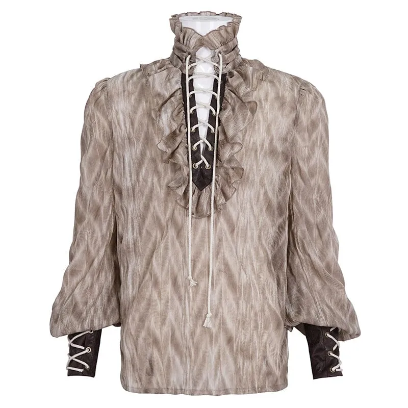 Men's Gothic Ruffled Stand Collar Lace-up Coffee Shirt