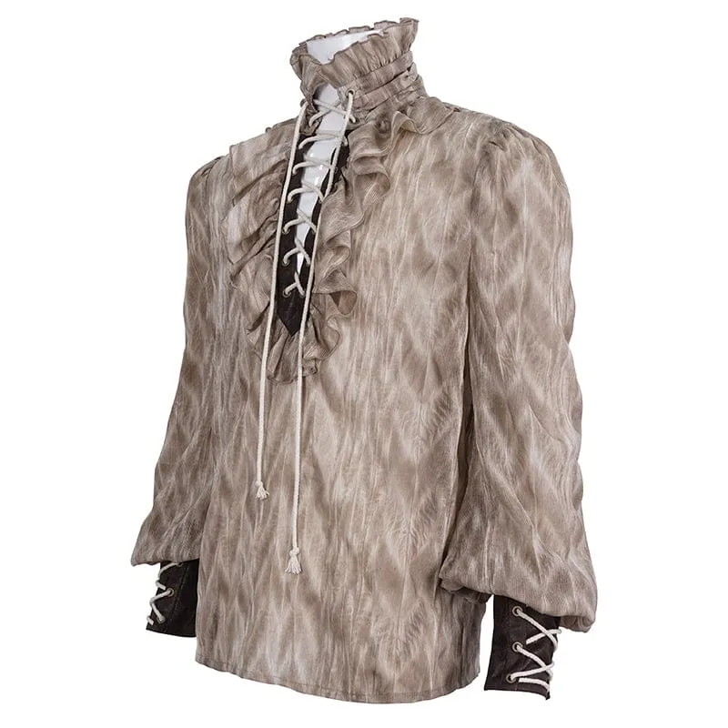 Men's Gothic Ruffled Stand Collar Lace-up Coffee Shirt