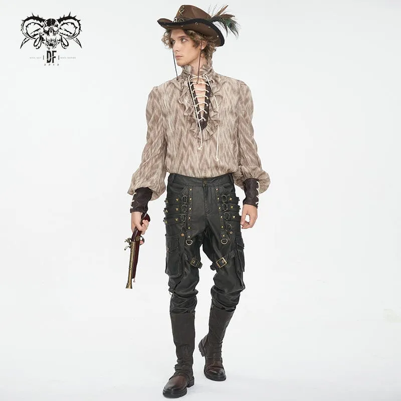 Men's Gothic Ruffled Stand Collar Lace-up Coffee Shirt