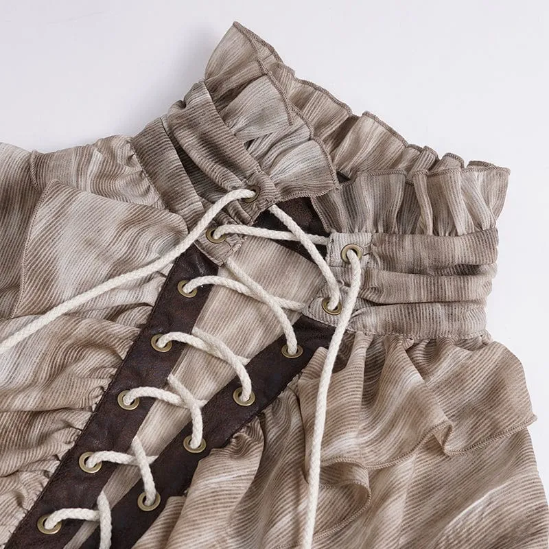 Men's Gothic Ruffled Stand Collar Lace-up Coffee Shirt