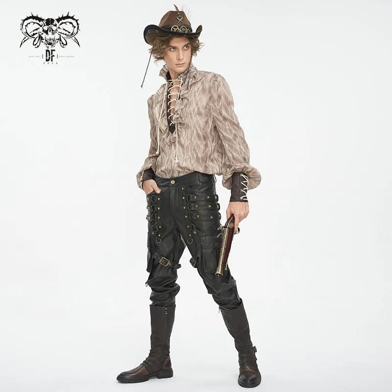 Men's Gothic Ruffled Stand Collar Lace-up Coffee Shirt