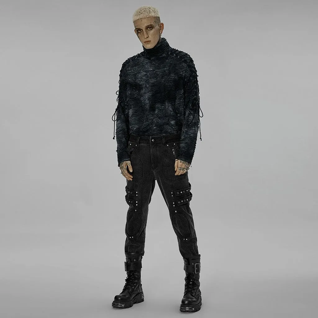 Men's Gothic Tie-dyed Ripped Turtleneck Shirt