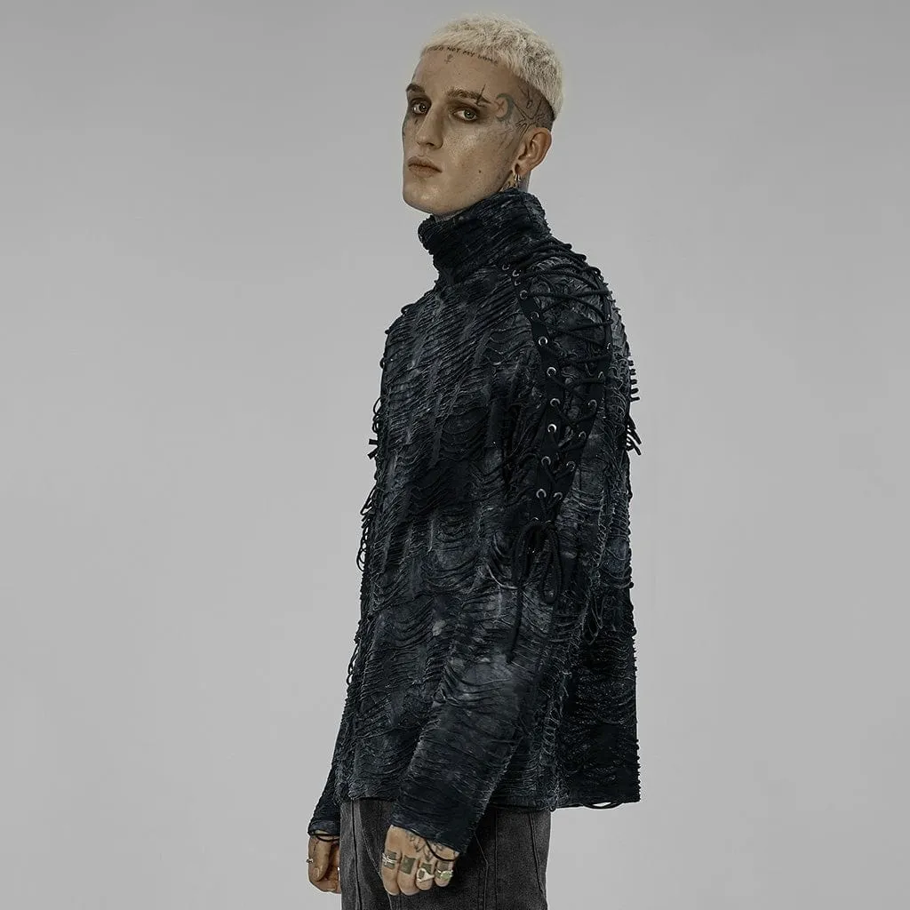 Men's Gothic Tie-dyed Ripped Turtleneck Shirt