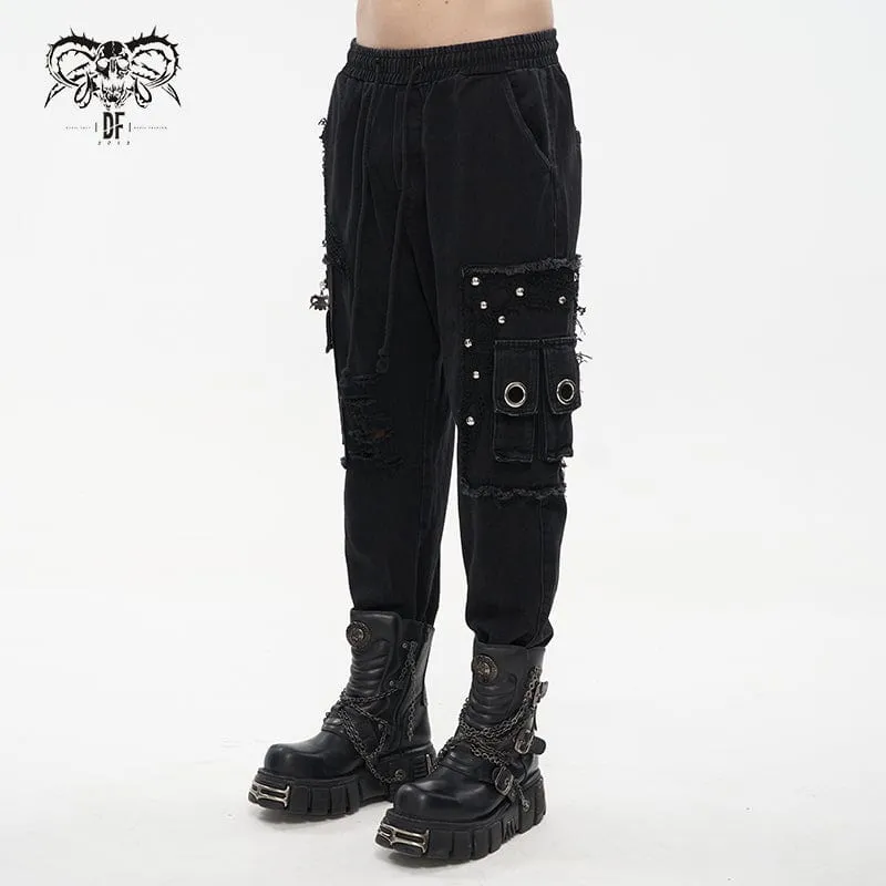 Men's Punk Big-pocket Splice Ripped Jogger Pants