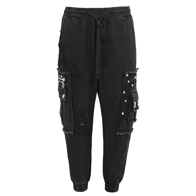 Men's Punk Big-pocket Splice Ripped Jogger Pants