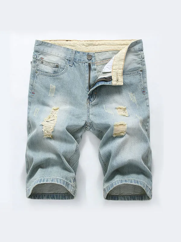 Men's Ripped Light Color Slim Fit Denim Shorts