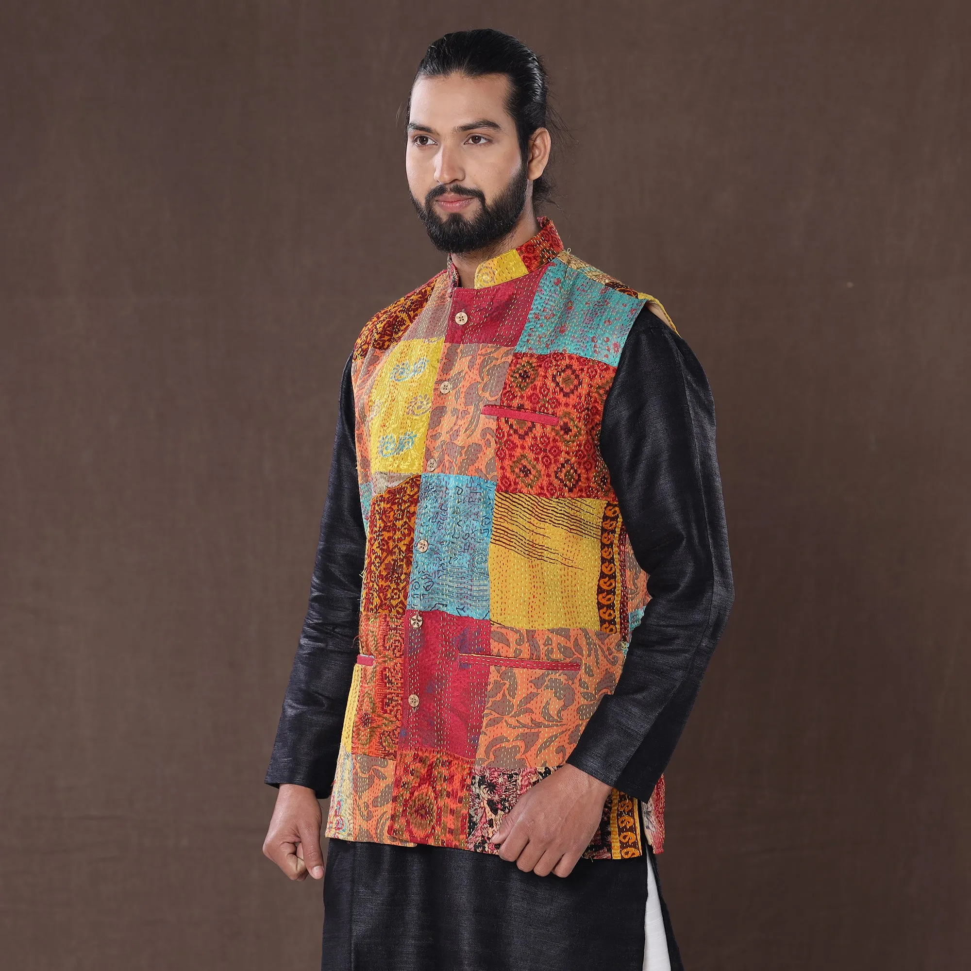 Multicolor - Kantha Embroidery Patchwork Silk Nehru Jacket 01