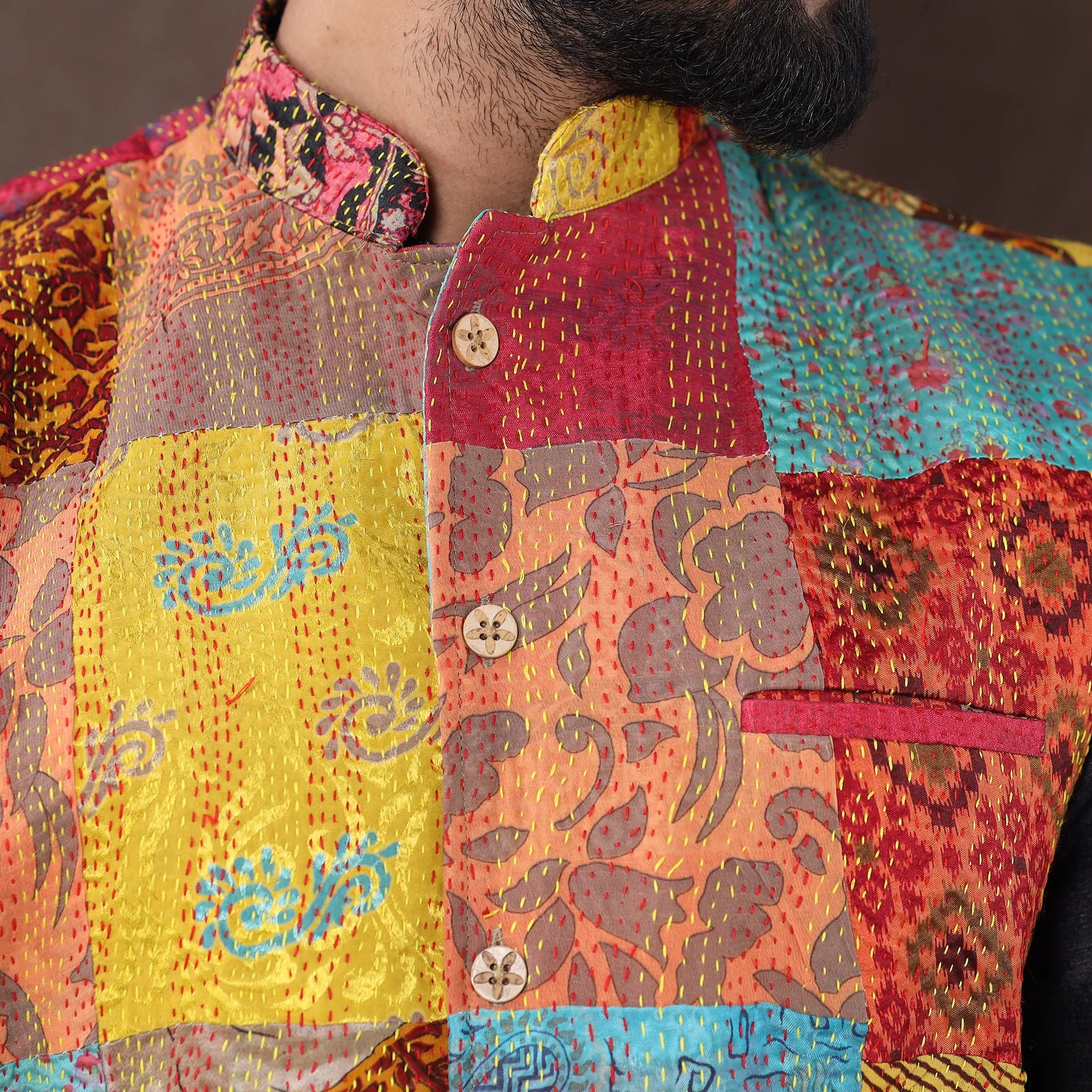 Multicolor - Kantha Embroidery Patchwork Silk Nehru Jacket 01