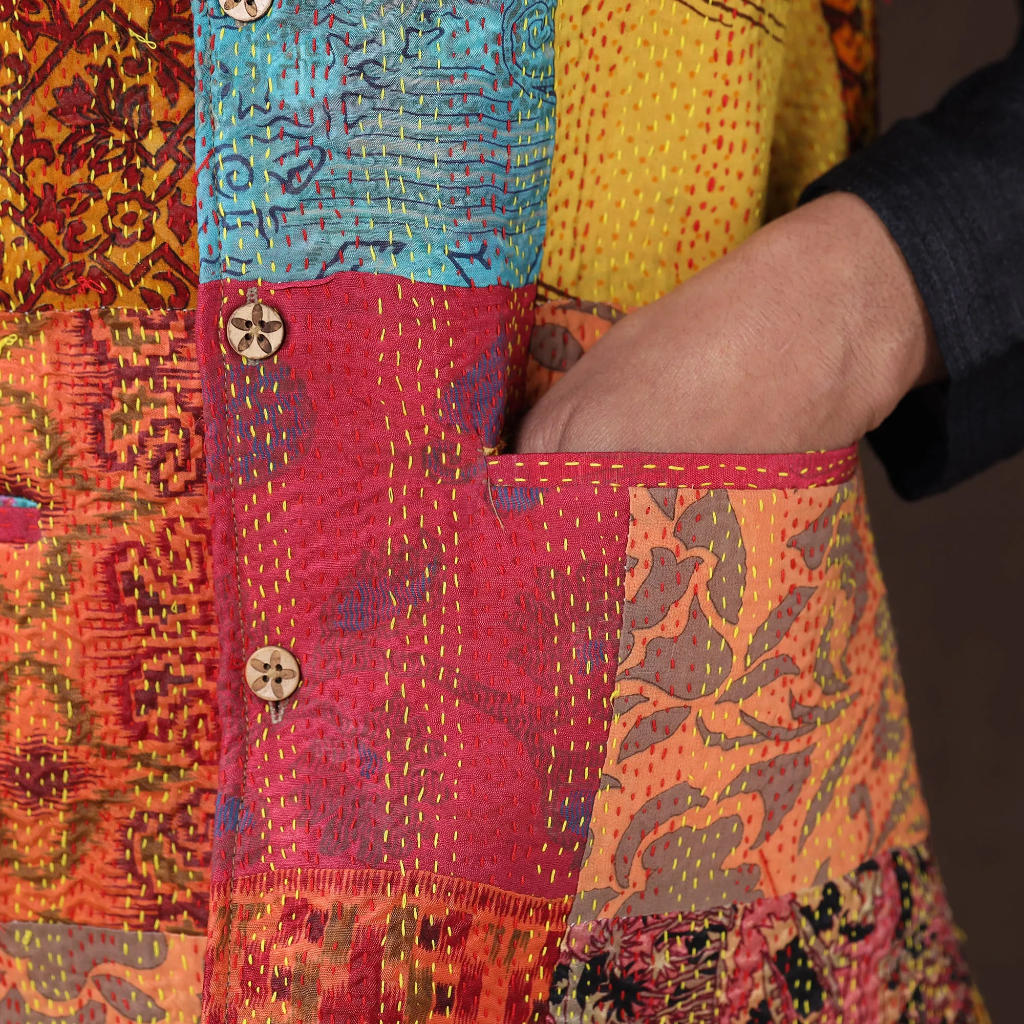 Multicolor - Kantha Embroidery Patchwork Silk Nehru Jacket 01