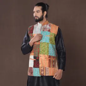 Multicolor - Kantha Embroidery Patchwork Silk Nehru Jacket 09