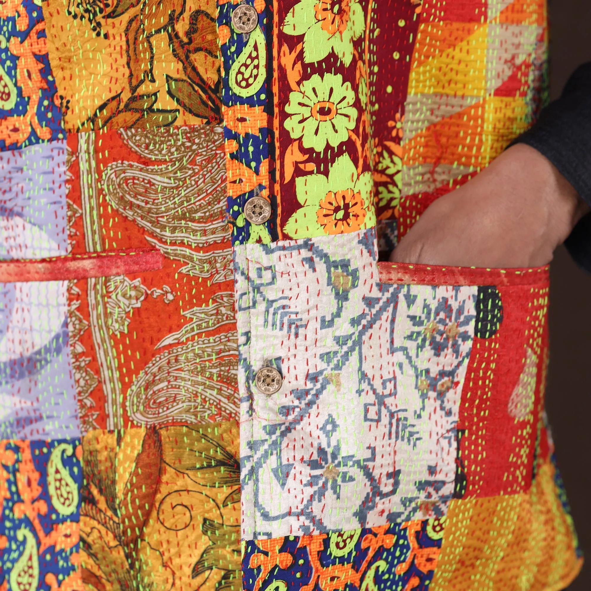 Multicolor - Kantha Embroidery Patchwork Silk Nehru Jacket 10