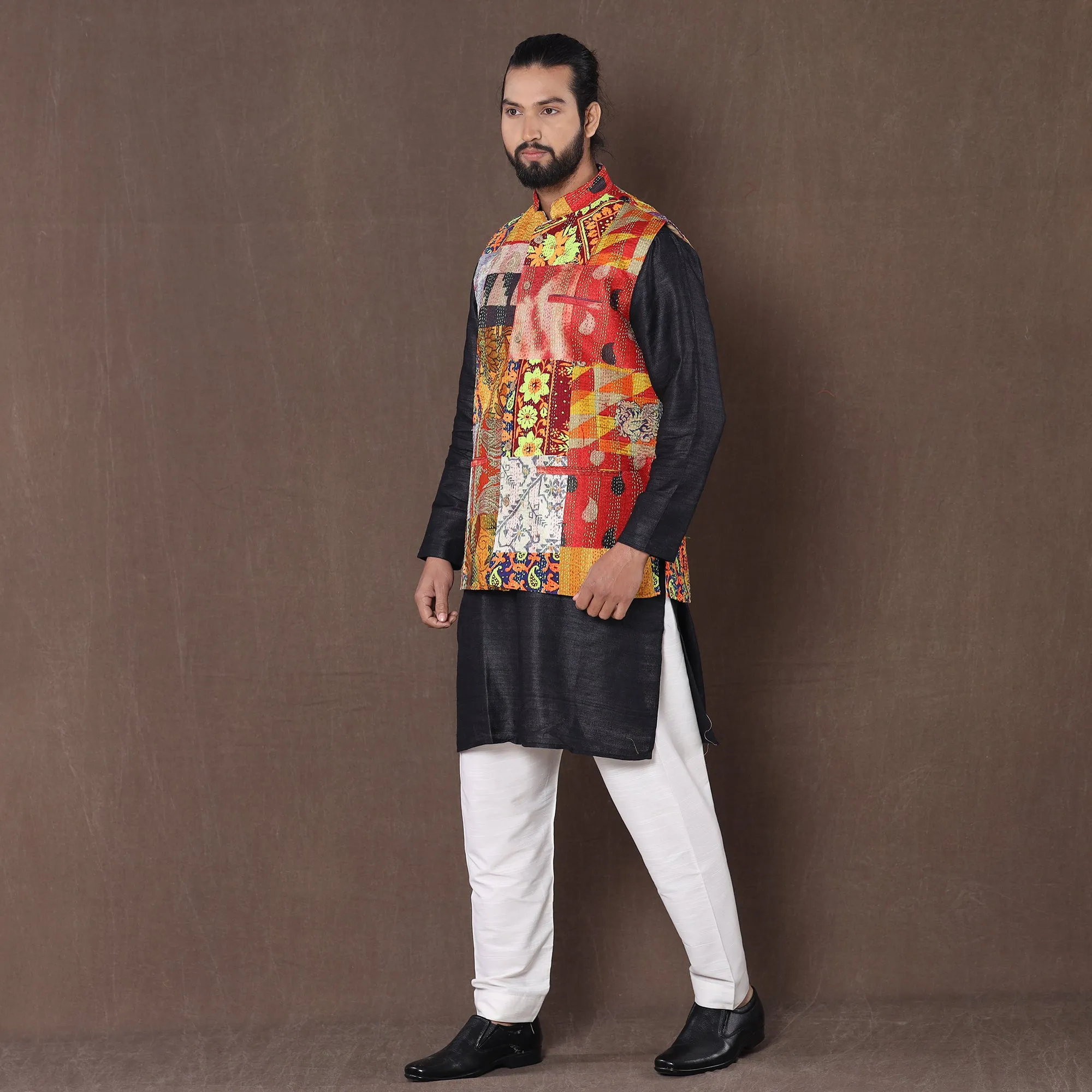 Multicolor - Kantha Embroidery Patchwork Silk Nehru Jacket 10