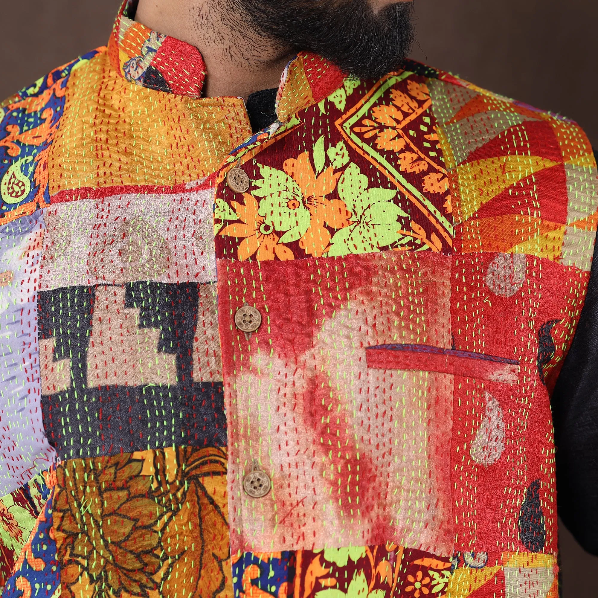 Multicolor - Kantha Embroidery Patchwork Silk Nehru Jacket 10