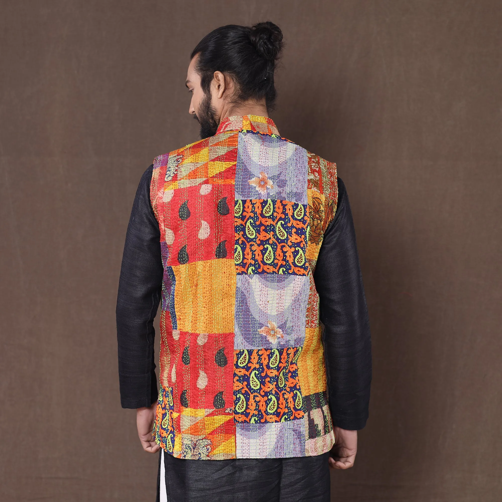 Multicolor - Kantha Embroidery Patchwork Silk Nehru Jacket 10