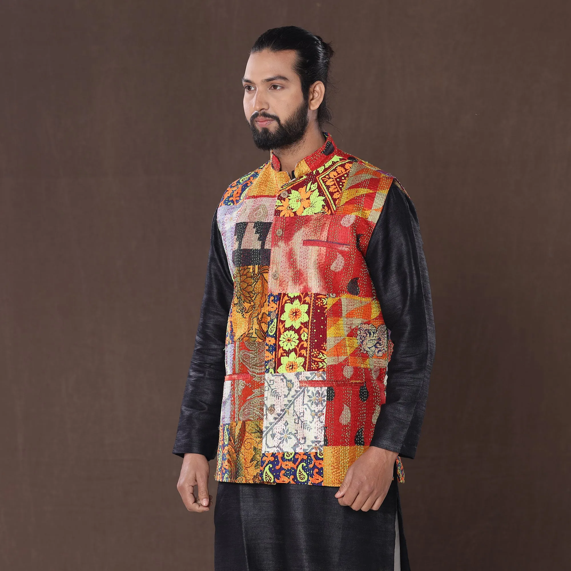 Multicolor - Kantha Embroidery Patchwork Silk Nehru Jacket 10