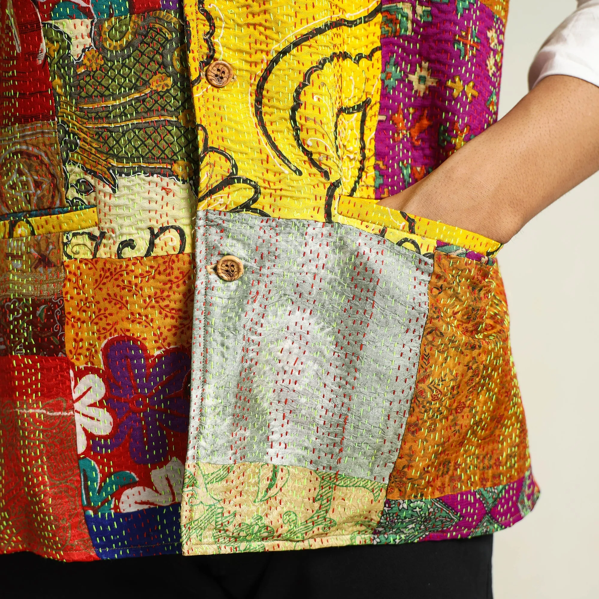 Multicolor - Kantha Embroidery Patchwork Silk Nehru Jacket 12