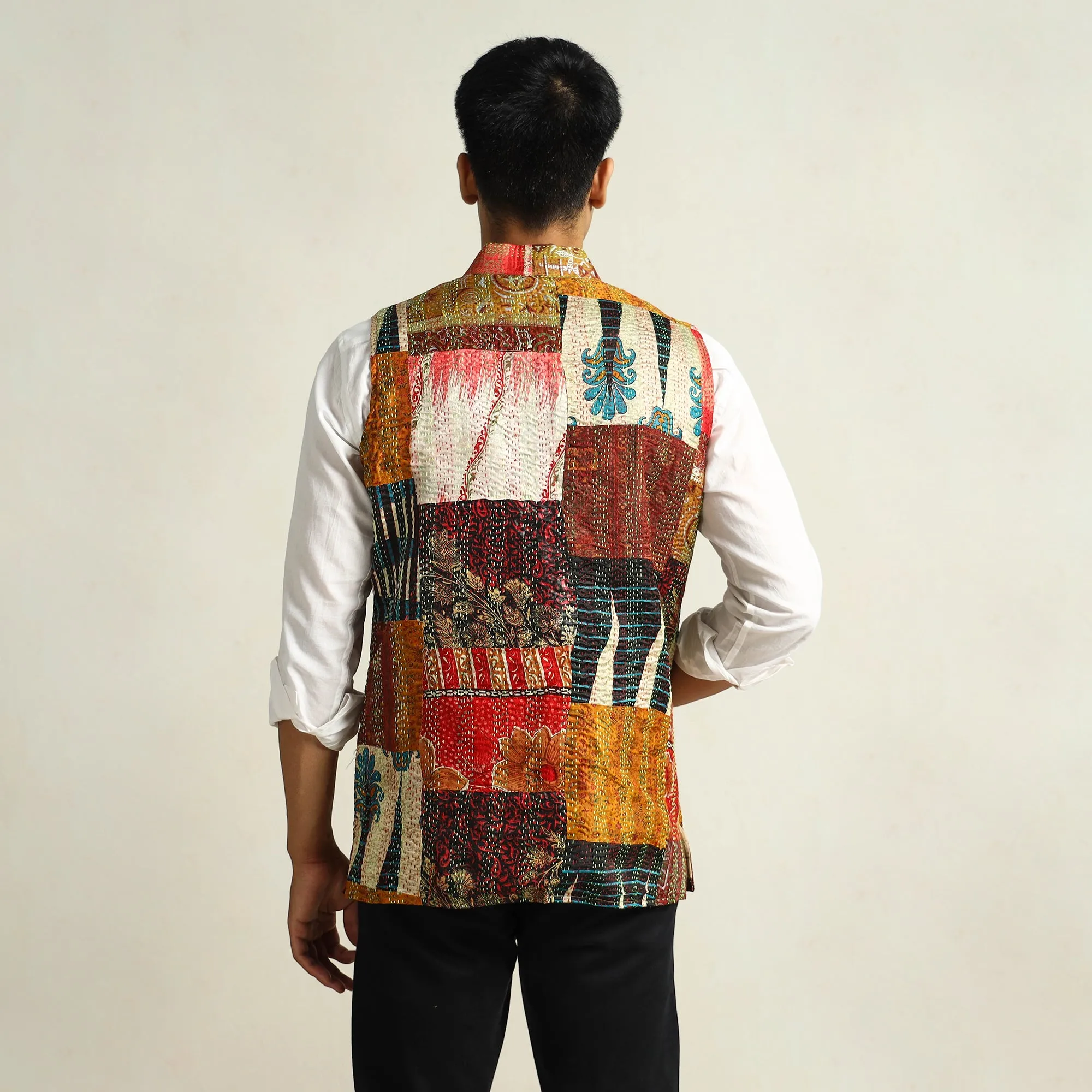 Multicolor - Kantha Embroidery Patchwork Silk Nehru Jacket 12
