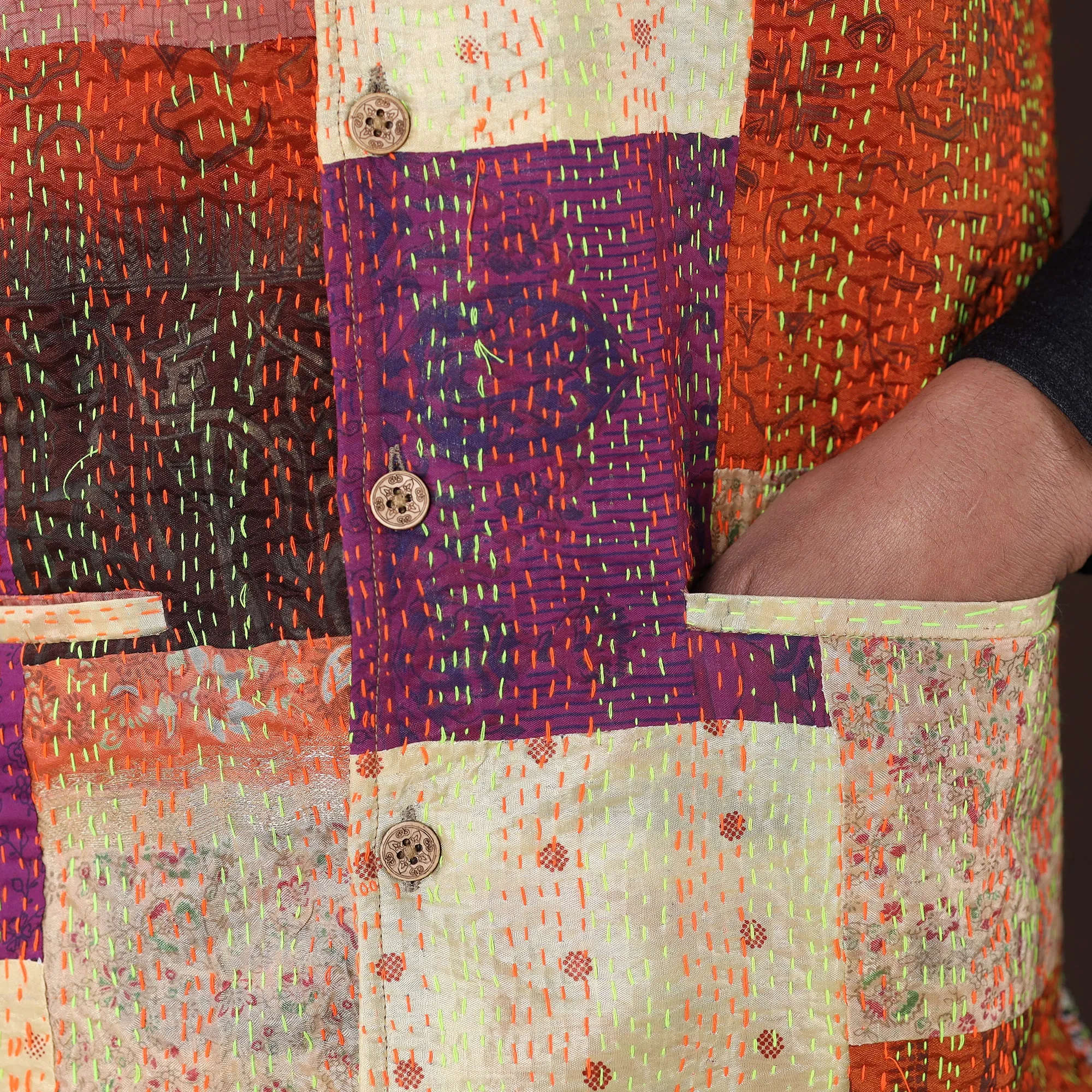 Multicolor - Kantha Embroidery Patchwork Silk Nehru Jacket 15