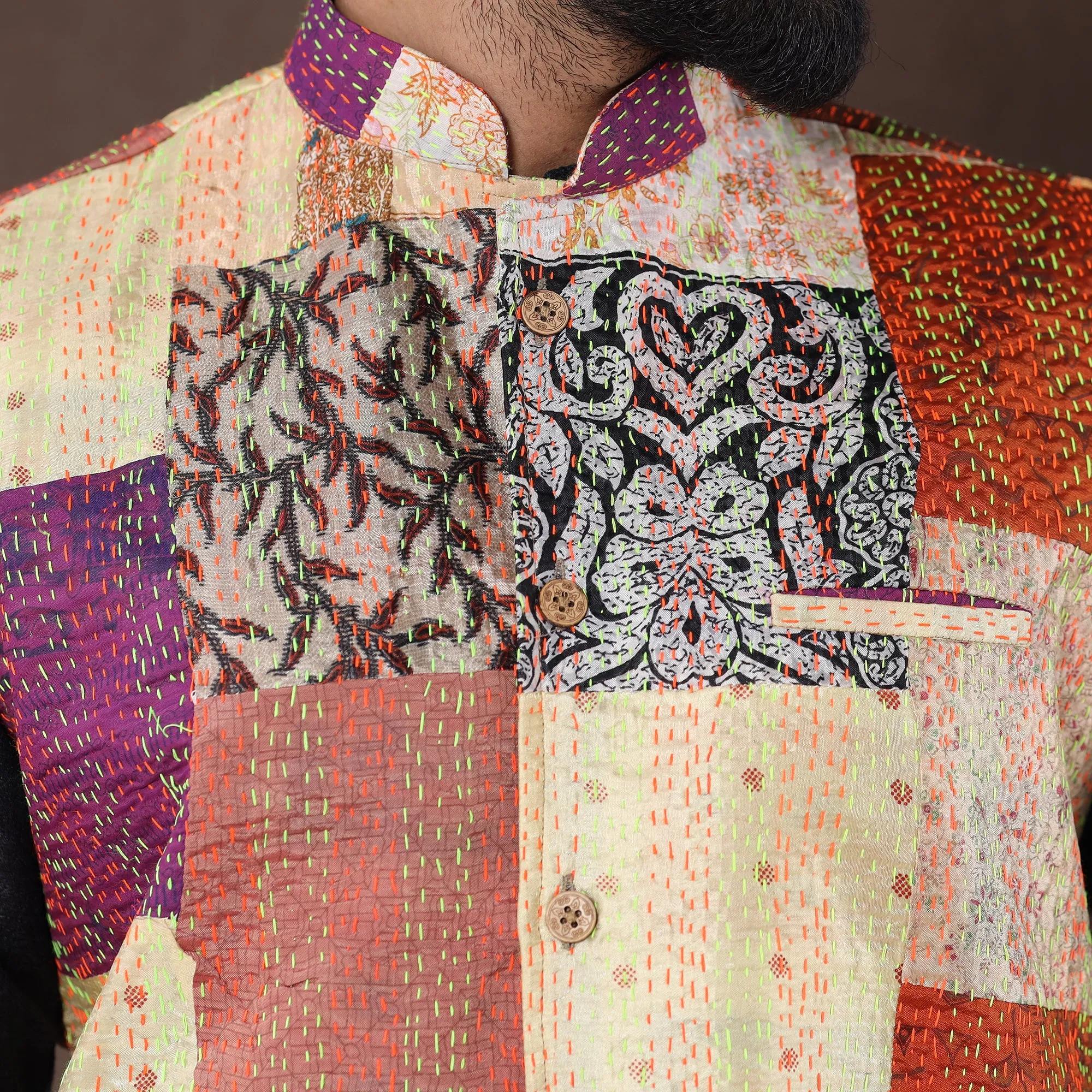 Multicolor - Kantha Embroidery Patchwork Silk Nehru Jacket 15