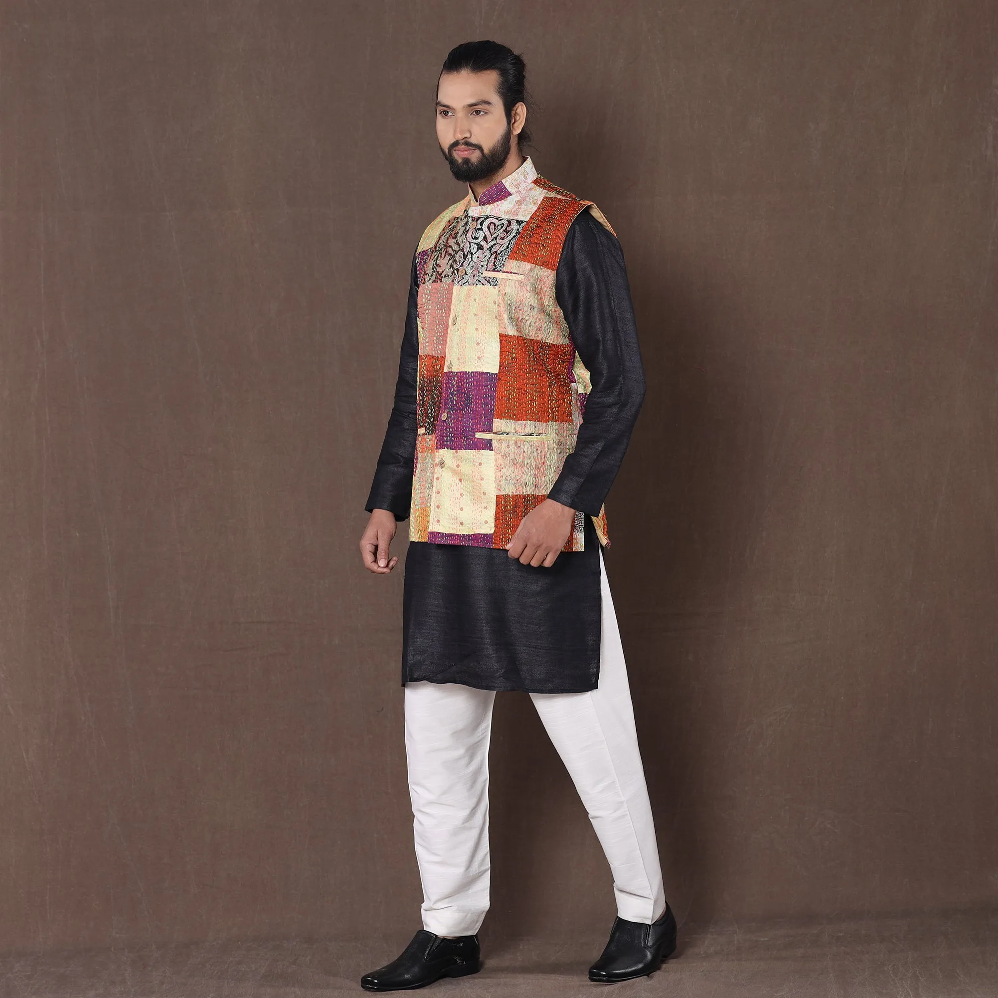 Multicolor - Kantha Embroidery Patchwork Silk Nehru Jacket 15