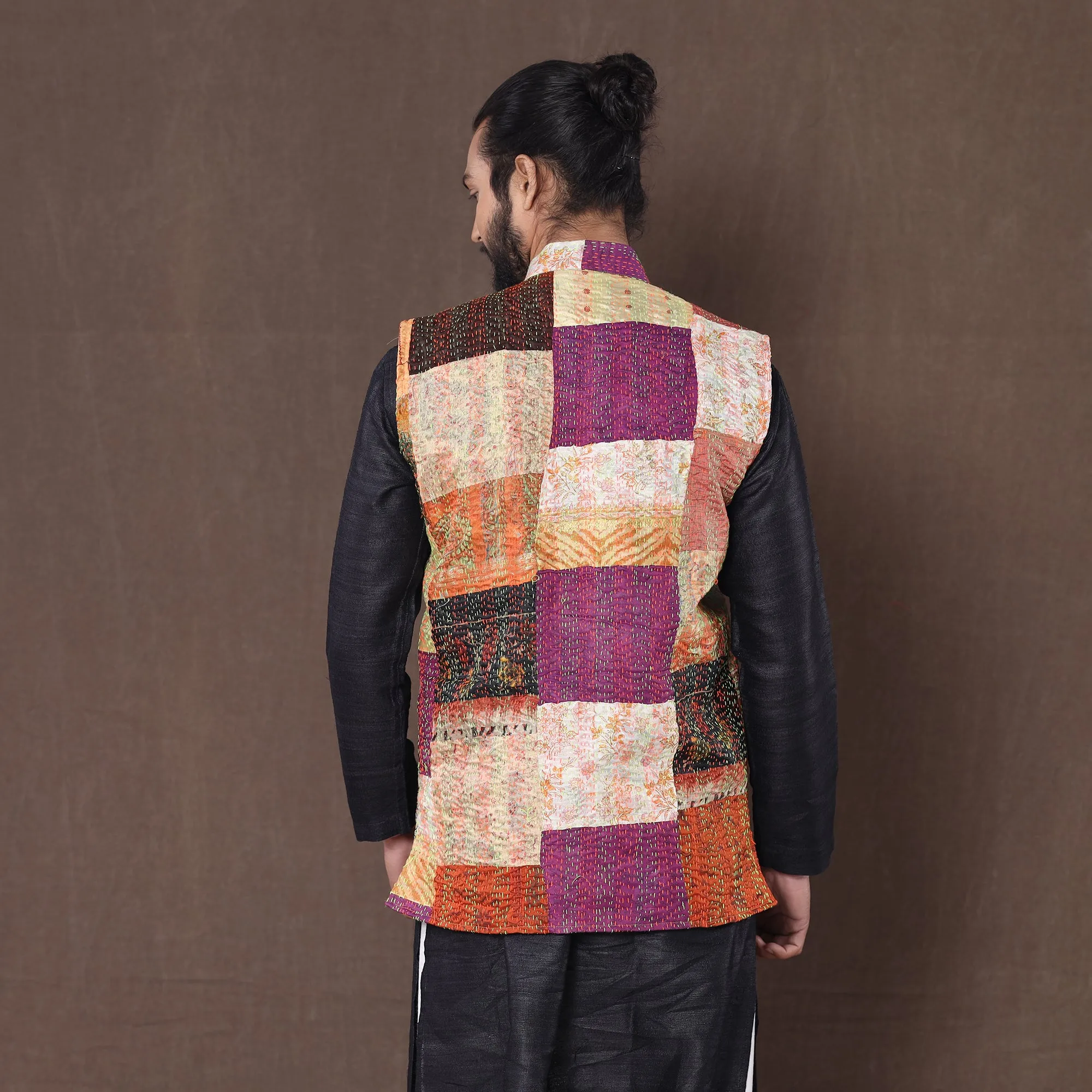 Multicolor - Kantha Embroidery Patchwork Silk Nehru Jacket 15