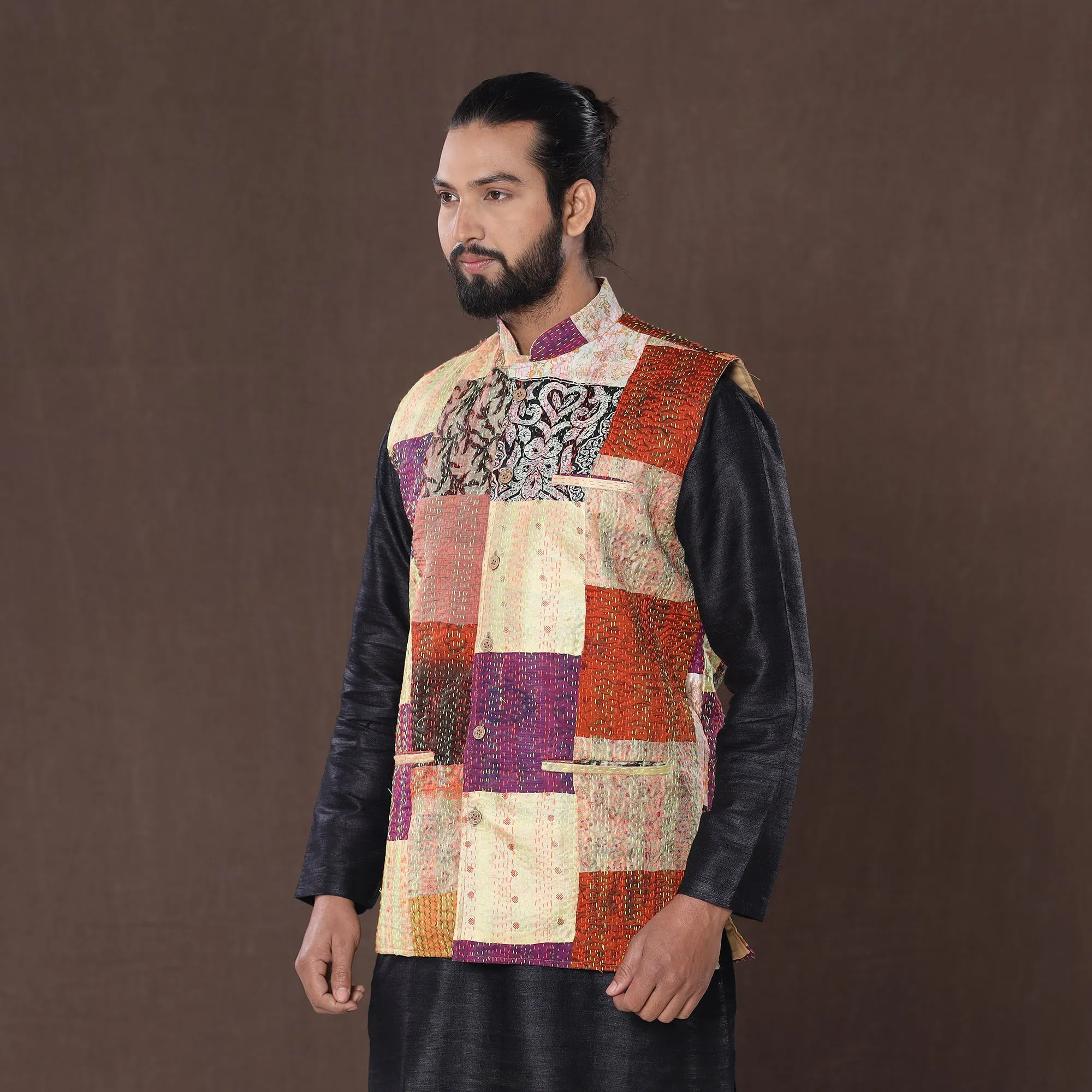 Multicolor - Kantha Embroidery Patchwork Silk Nehru Jacket 15