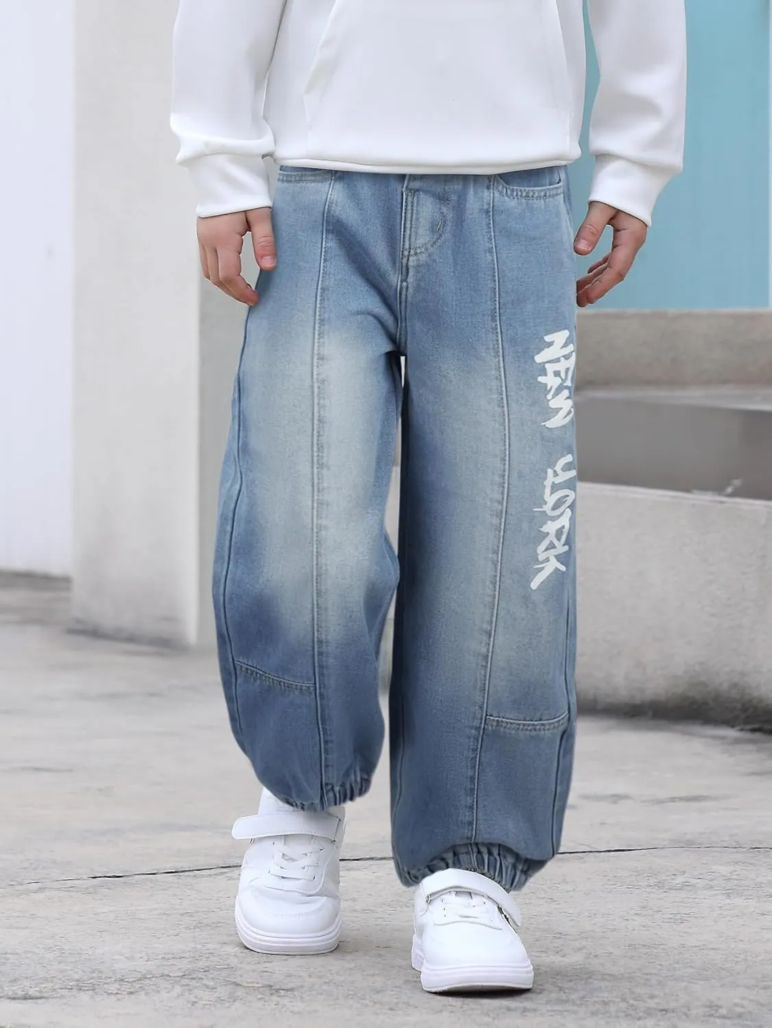 MyFav Boys' Ripped Denim Jeans Taper Fit Kids Fashion Loose Casual Trousers Long Pants