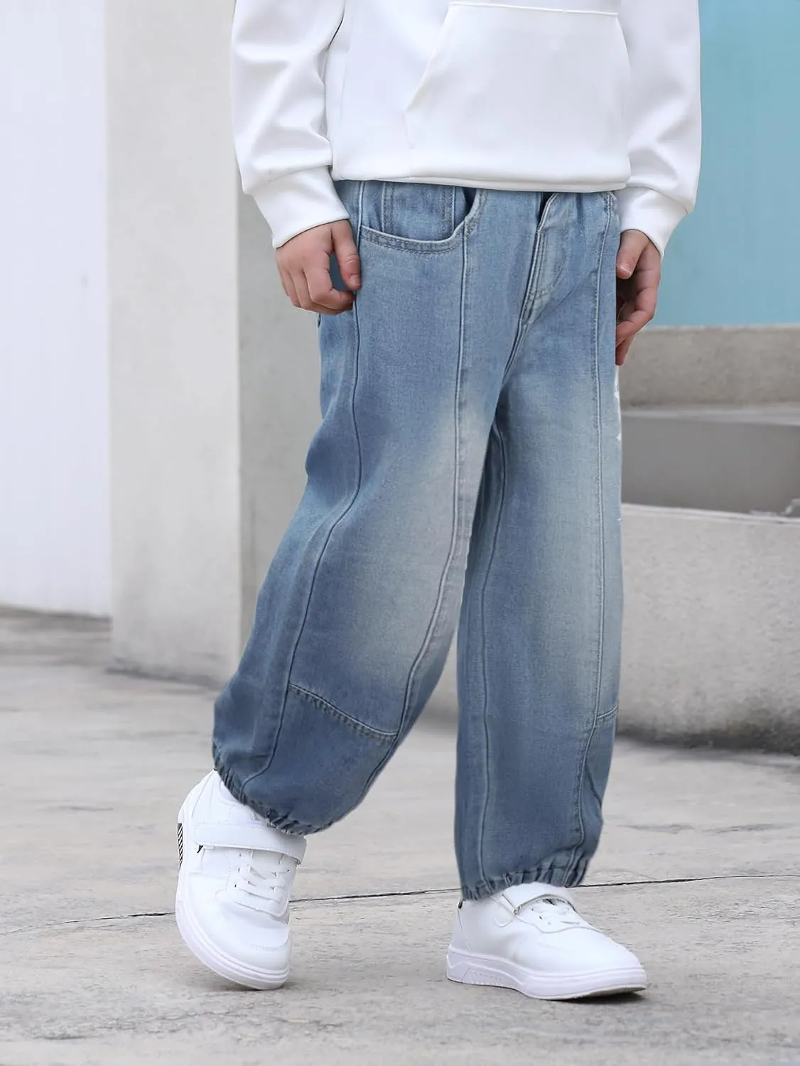 MyFav Boys' Ripped Denim Jeans Taper Fit Kids Fashion Loose Casual Trousers Long Pants