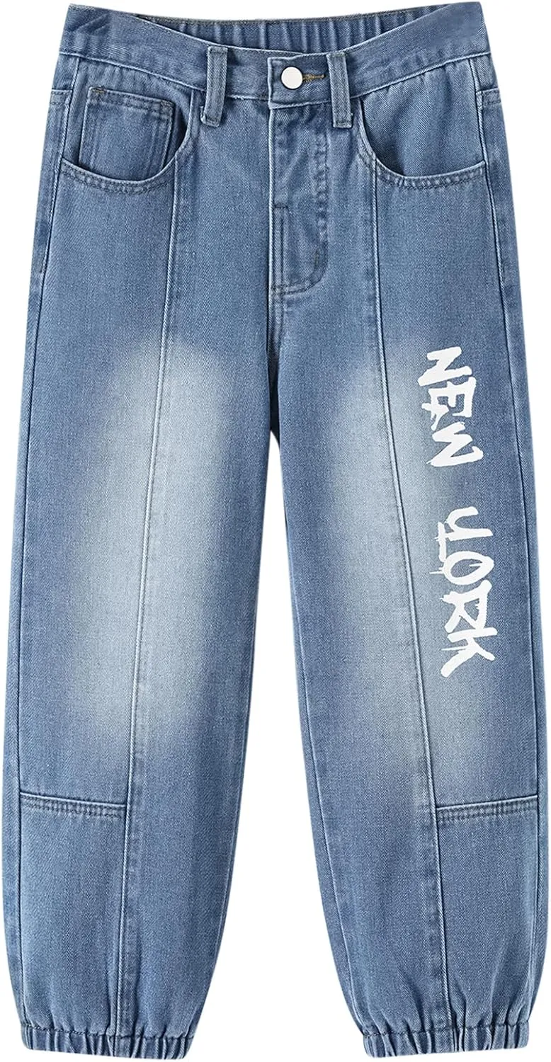 MyFav Boys' Ripped Denim Jeans Taper Fit Kids Fashion Loose Casual Trousers Long Pants