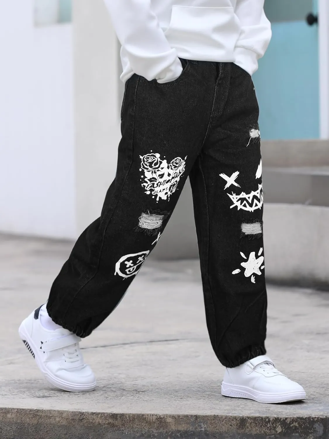 MyFav Boys' Ripped Denim Jeans Taper Fit Kids Fashion Loose Casual Trousers Long Pants