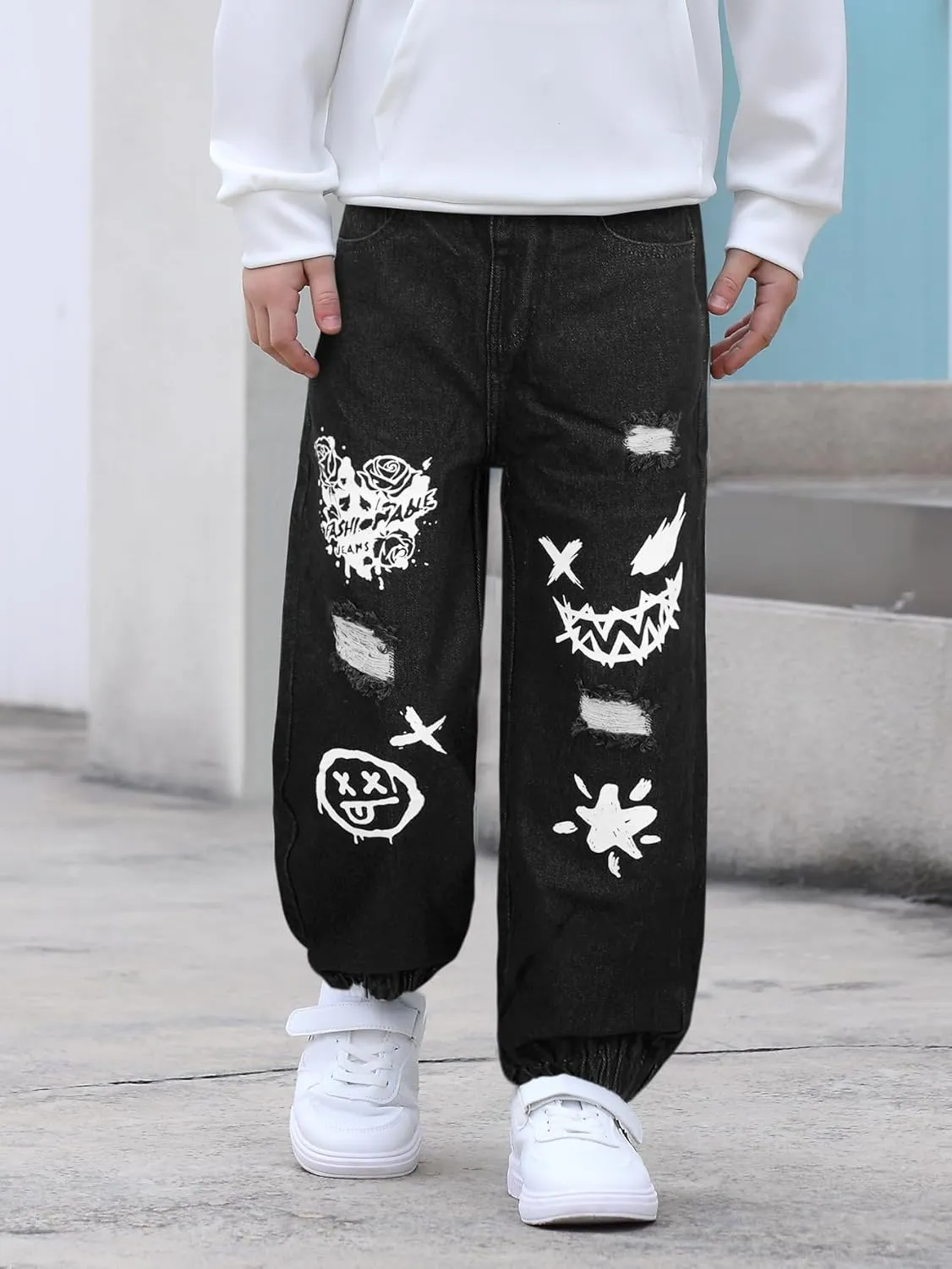 MyFav Boys' Ripped Denim Jeans Taper Fit Kids Fashion Loose Casual Trousers Long Pants