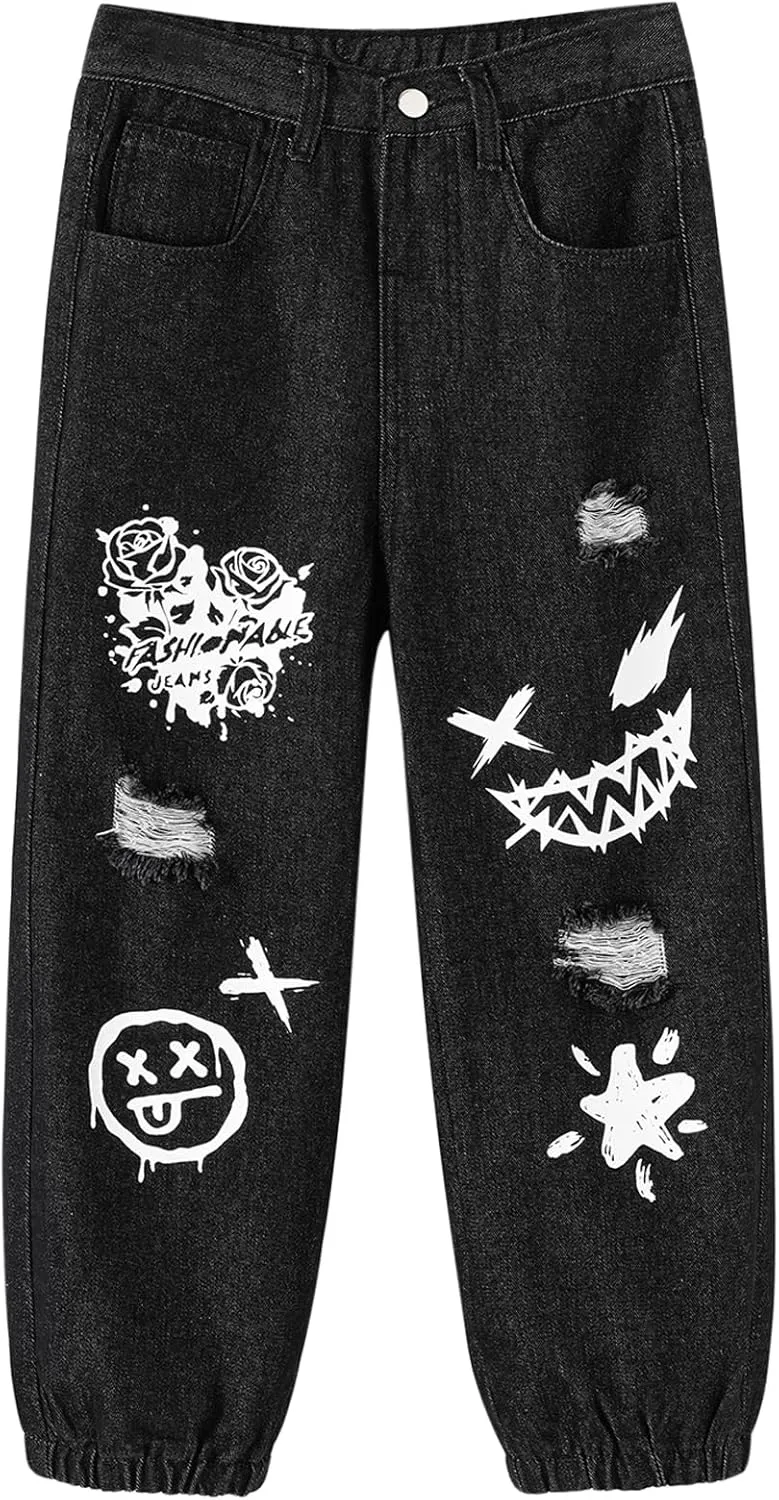 MyFav Boys' Ripped Denim Jeans Taper Fit Kids Fashion Loose Casual Trousers Long Pants