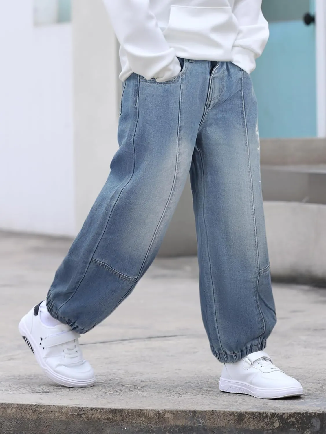 MyFav Boys' Ripped Denim Jeans Taper Fit Kids Fashion Loose Casual Trousers Long Pants