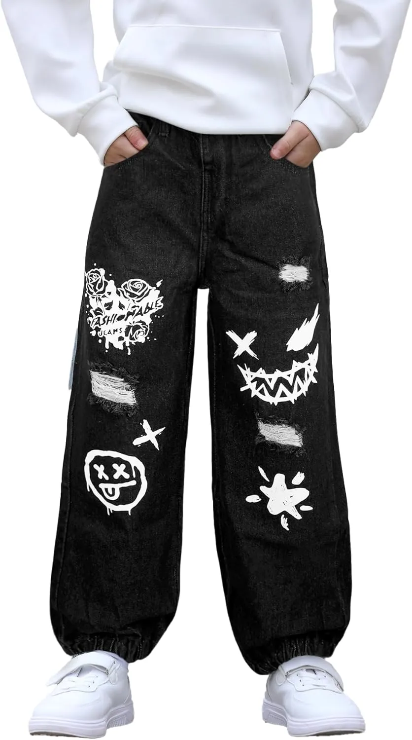 MyFav Boys' Ripped Denim Jeans Taper Fit Kids Fashion Loose Casual Trousers Long Pants