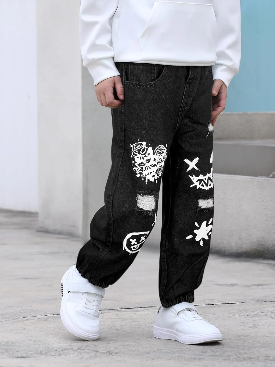 MyFav Boys' Ripped Denim Jeans Taper Fit Kids Fashion Loose Casual Trousers Long Pants