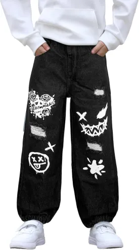 MyFav Boys' Ripped Denim Jeans Taper Fit Kids Fashion Loose Casual Trousers Long Pants