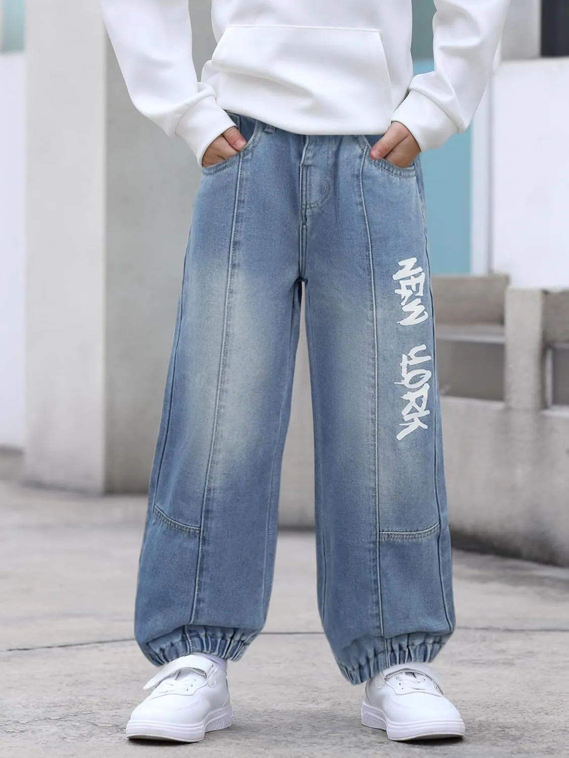 MyFav Boys' Ripped Denim Jeans Taper Fit Kids Fashion Loose Casual Trousers Long Pants