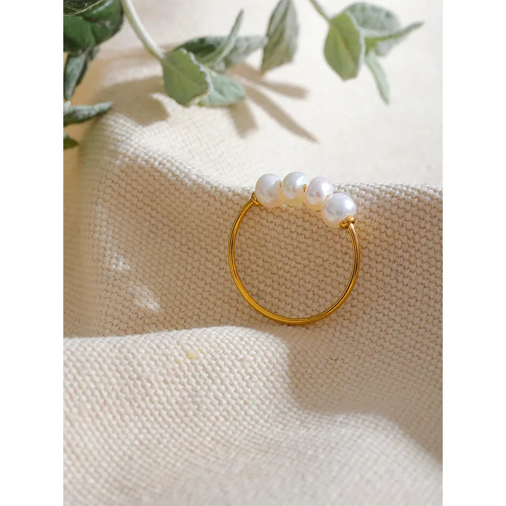 Natural Freshwater Pearls Gold Color Stainless Steel Waterproof Thin Index Finger Ring for Women PVD Plated Charm Jewelry