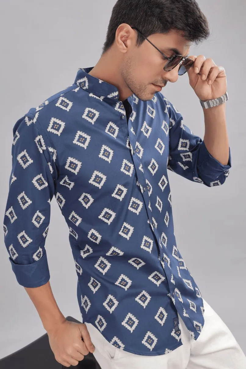 Navy Aztec Diamond Print Chinese Collar -Full-Stain Proof