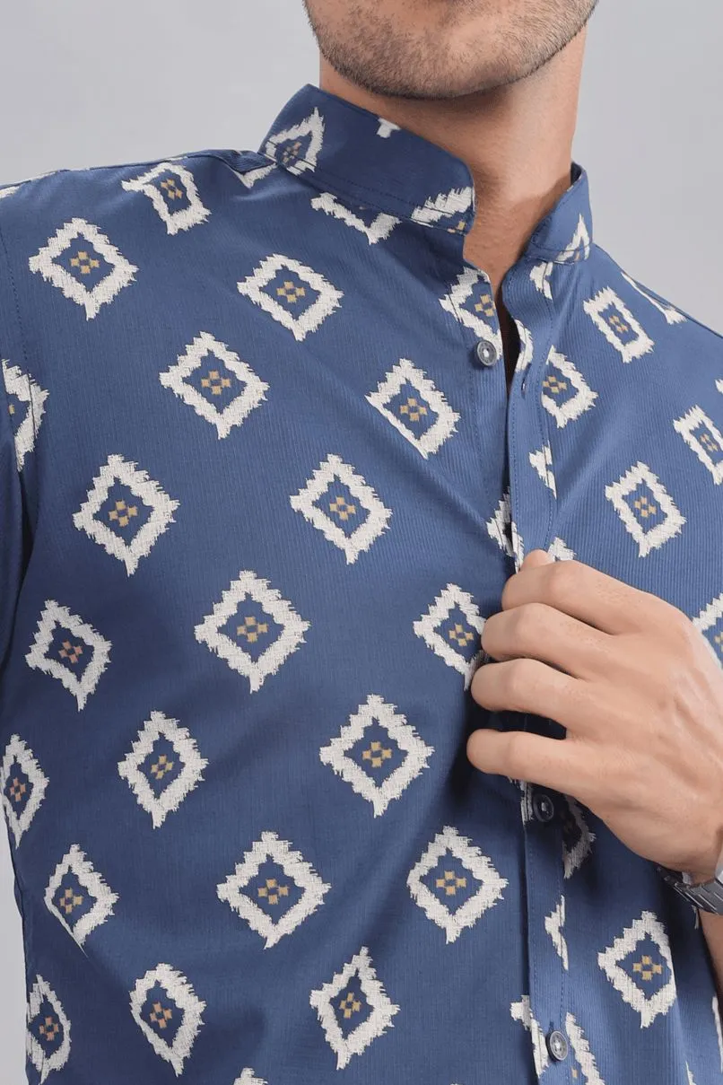 Navy Aztec Diamond Print Chinese Collar -Full-Stain Proof