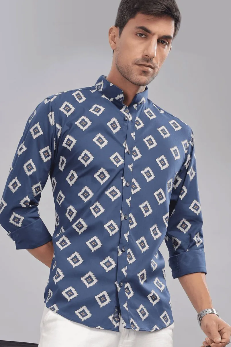 Navy Aztec Diamond Print Chinese Collar -Full-Stain Proof