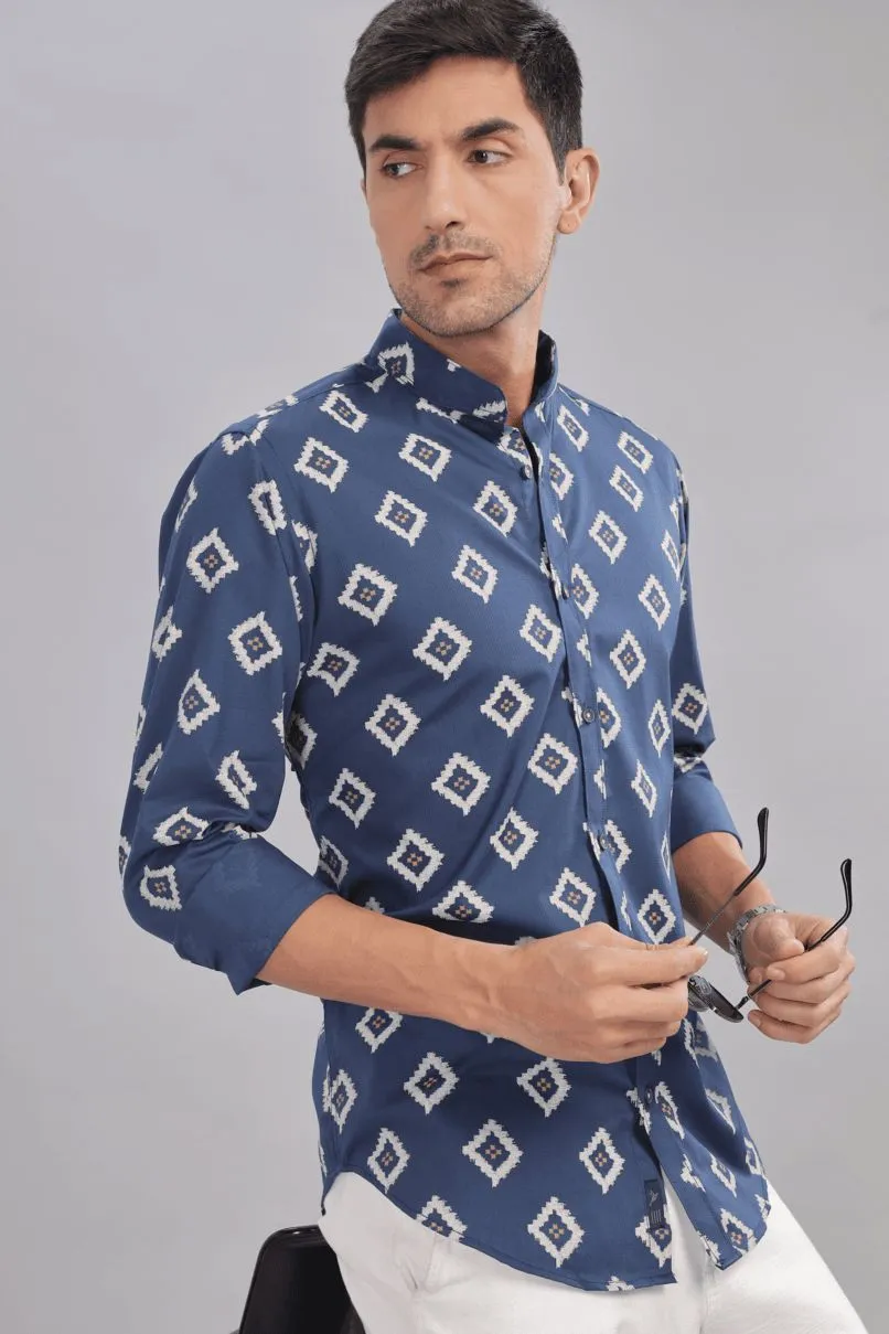 Navy Aztec Diamond Print Chinese Collar -Full-Stain Proof