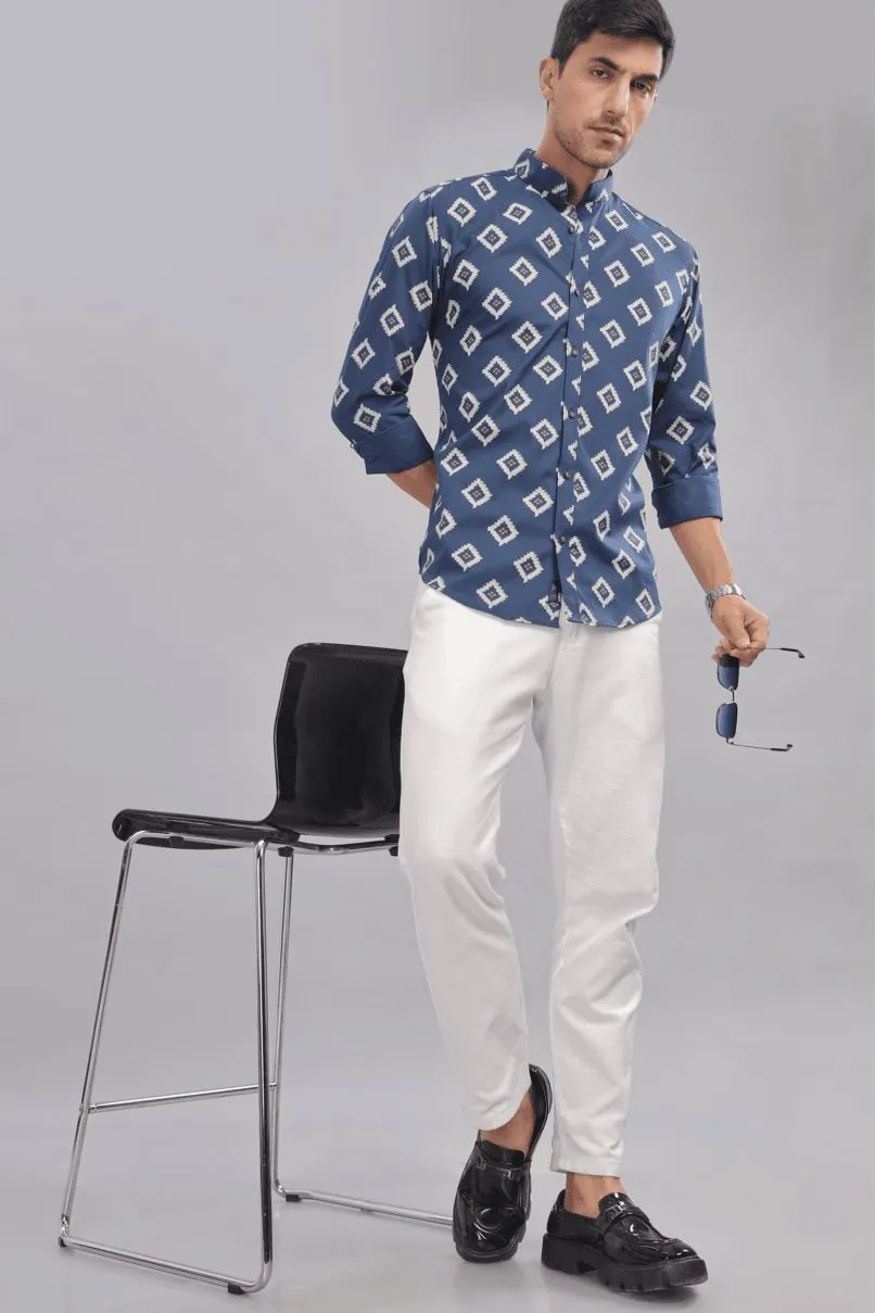 Navy Aztec Diamond Print Chinese Collar -Full-Stain Proof