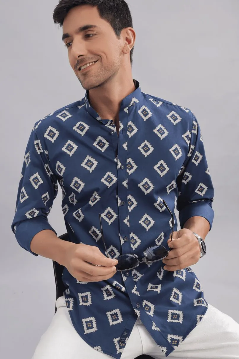 Navy Aztec Diamond Print Chinese Collar -Full-Stain Proof